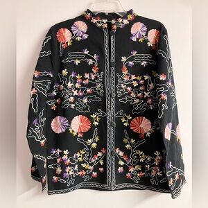 Women’s Floral Embroidered Jacket, Small, Black w Bright Floral Patterns